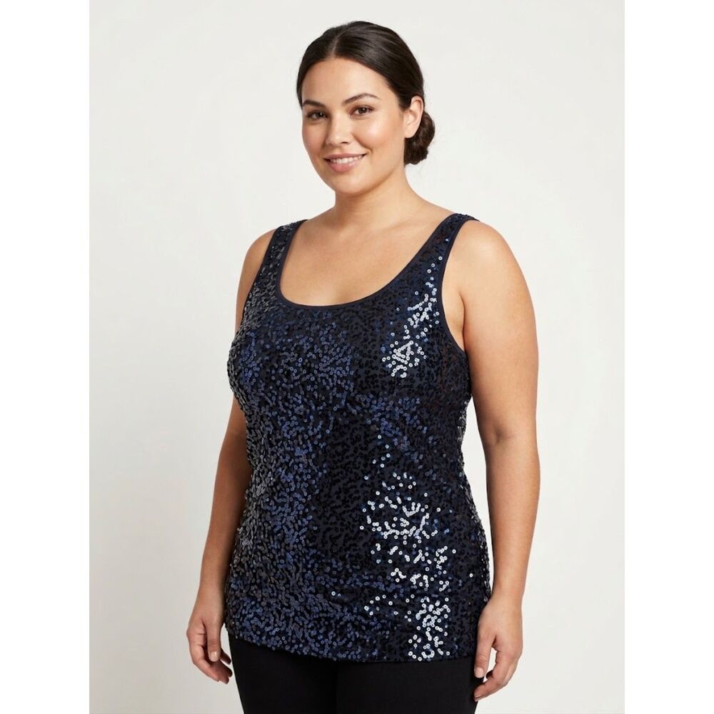 J Crew Women's S Cotton Sequins Tank Top Navy Blue Summer Sparkly Evening Shirt